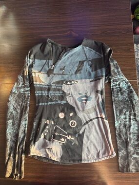 Custo Barcelona Black Long Sleeve Top with Blue Tag Detail